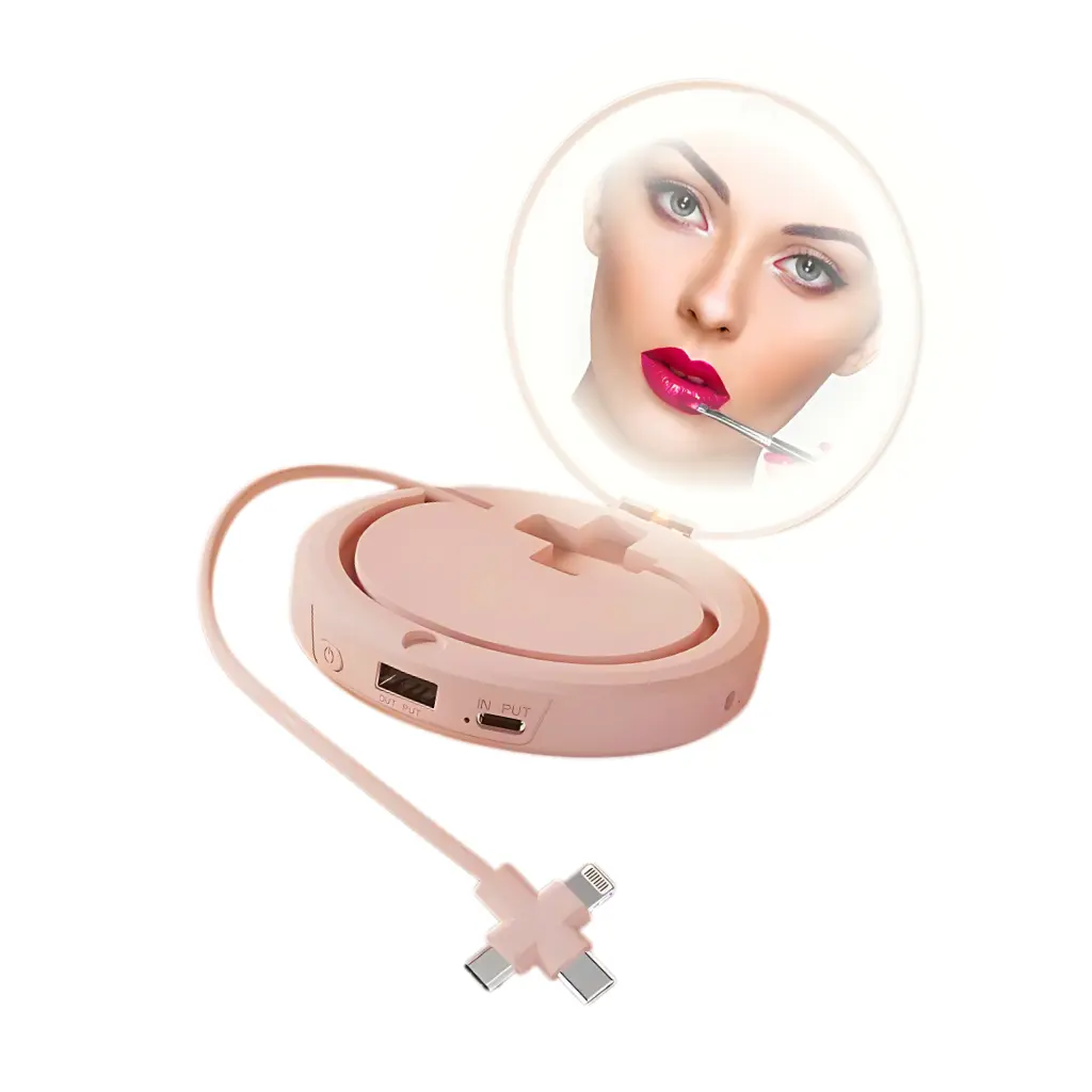 Mini Espelho de Maquiagem 4 em 1 - Power Bank, Ring Light e Aquecedor de Mãos!