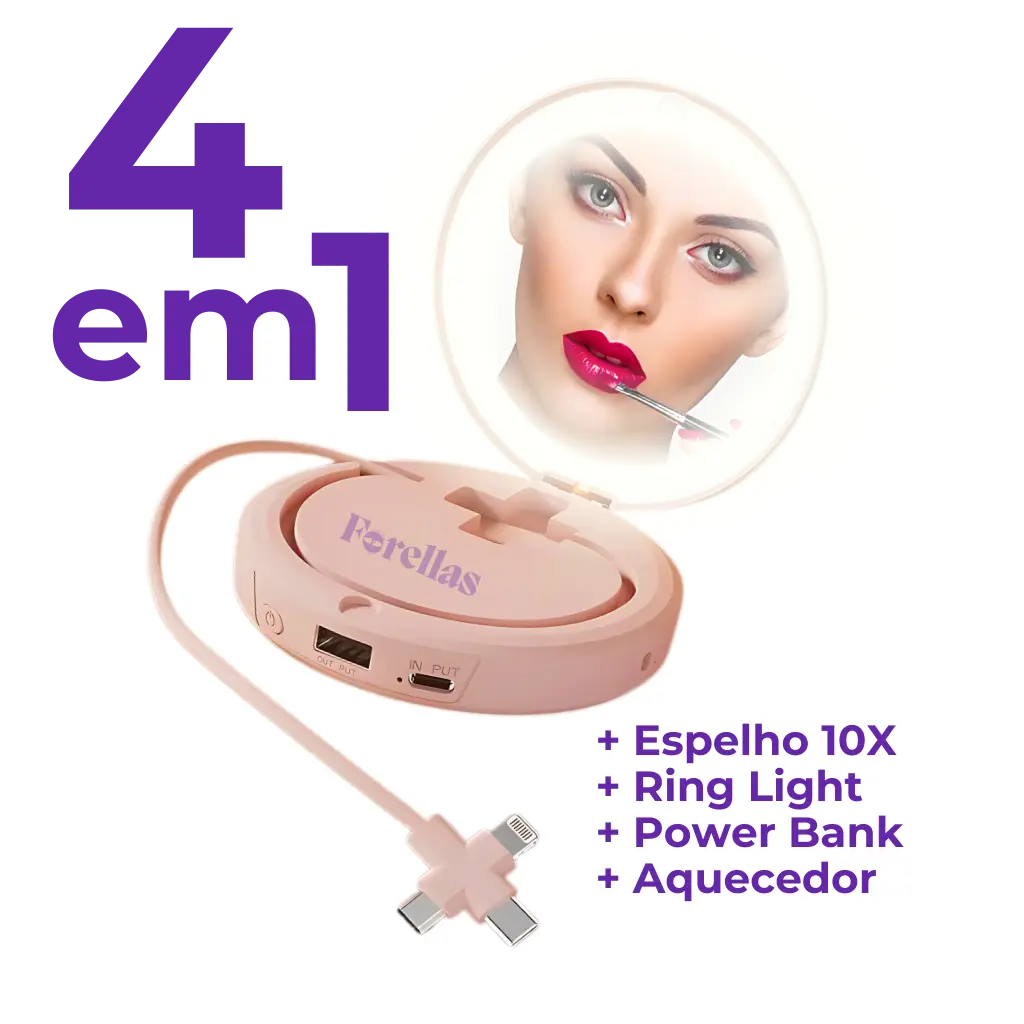 Mini Espelho de Maquiagem 4 em 1 - Power Bank, Ring Light e Aquecedor de Mãos!