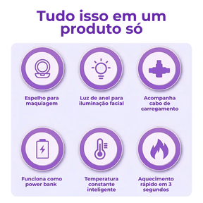 Mini Espelho 4 em 1 - Luz, Power Bank e Mãos Quentes!